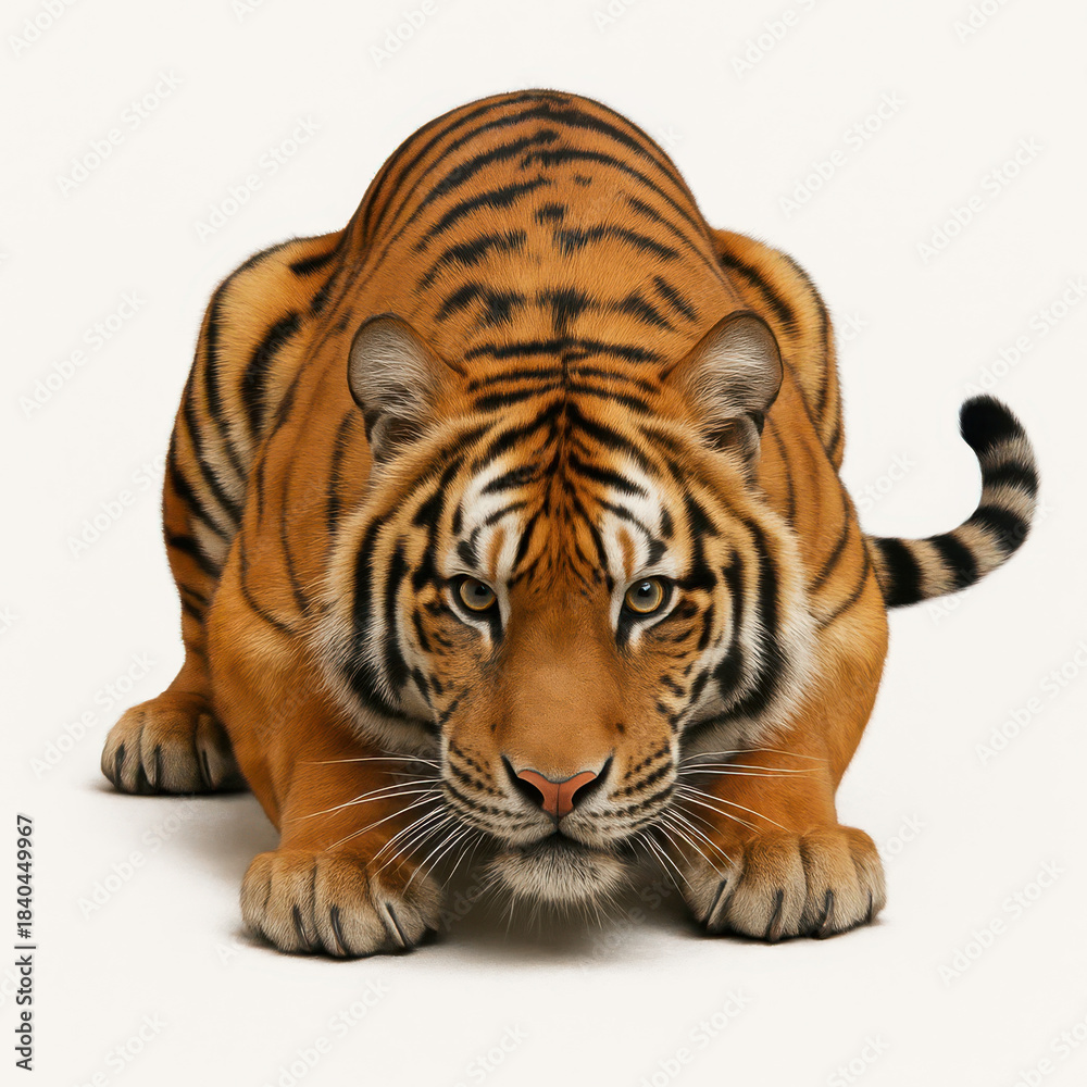 Obraz premium Crouching tiger with intense gaze and detailed orange fur with black stripes, poised on white background showing strength and focus