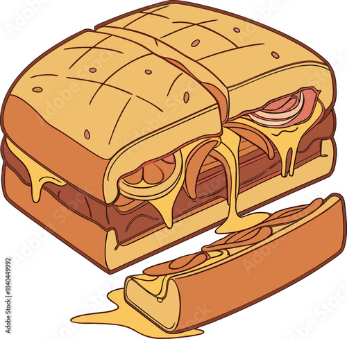 A cartoon illustration of a grilled cheese sandwich cut open showing melted cheese