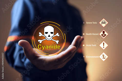 Fotografie cyanide toxic substance concept with safety staff holding skull cross bone sign
