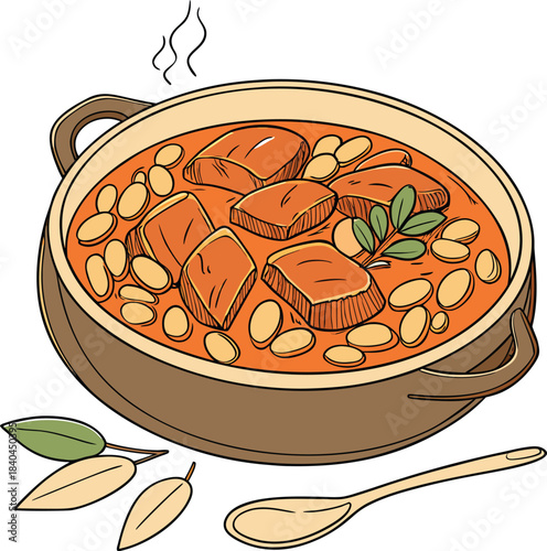 Hearty bowl of stew with chunks of meat and beans in a rich sauce