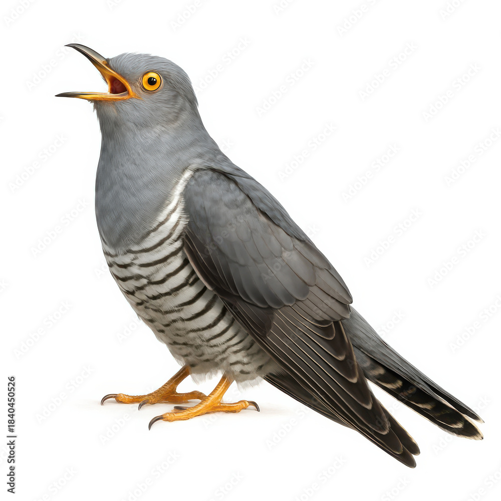 Fototapeta premium Cuckoo bird calling with open beak and yellow eye, gray feathers with striped belly, standing on white background with alert expression