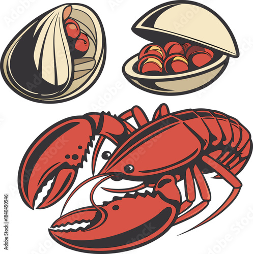 Cartoon illustration of lobster and seafood delicacies on