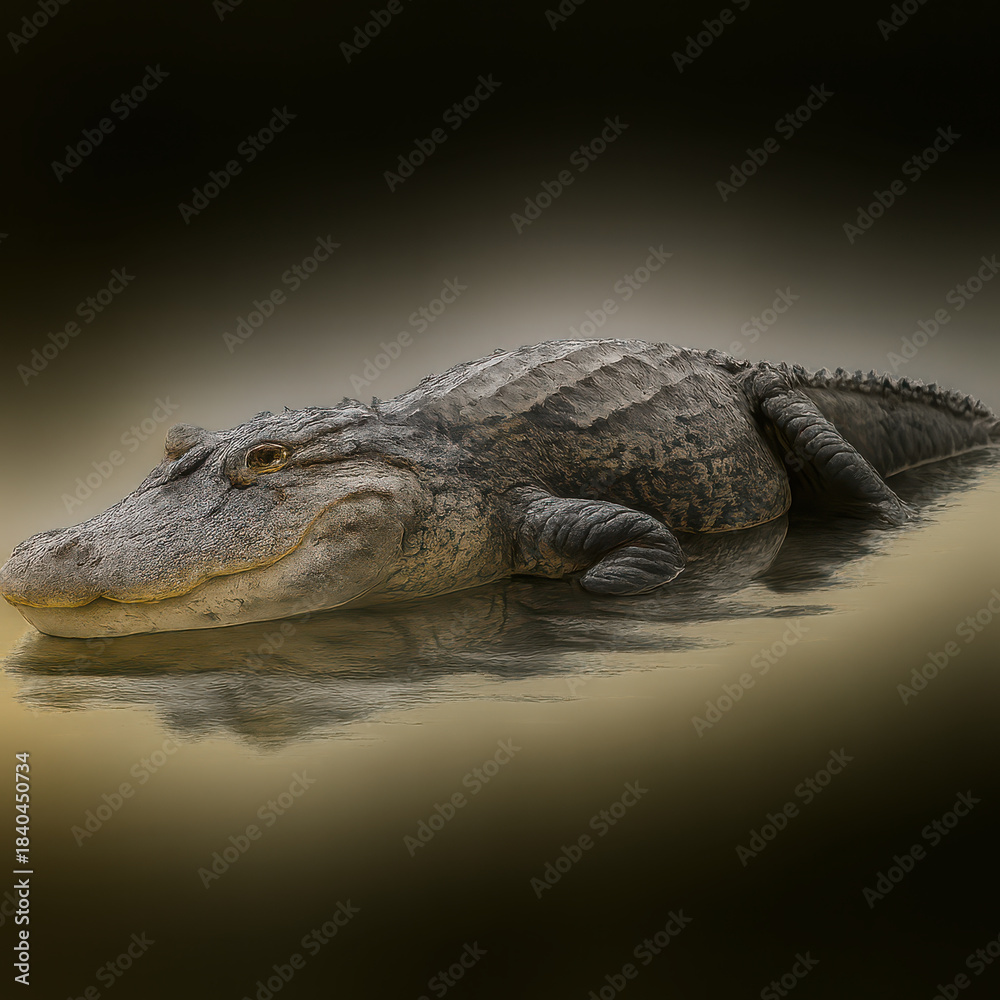 Obraz premium Alligator resting in calm water with detailed textured skin and reflection, creating serene and natural wildlife scene