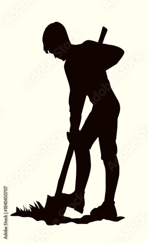 Vector drawing. A gardener dig a soil