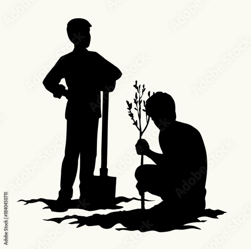 Vector drawing. A boy works in a garden