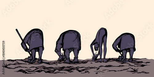 Vector drawing. A gardener weeding a garden