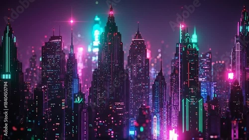 Night skyline of futuristic city with illuminated skyscrapers