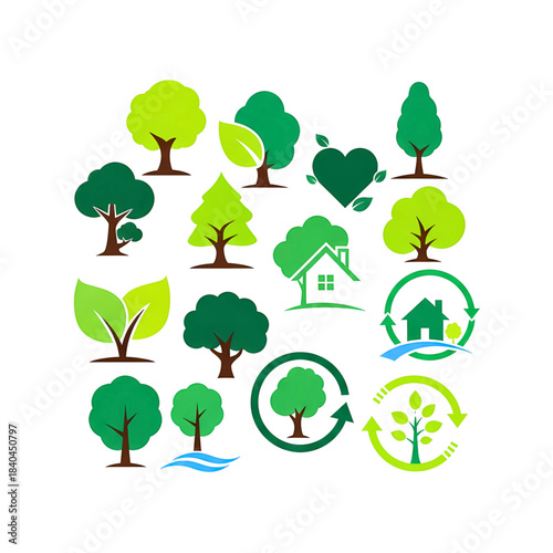 Green tree icons set nature environment ecology conservation earth forest plant leaf organic growth renewable energy landscape design elements