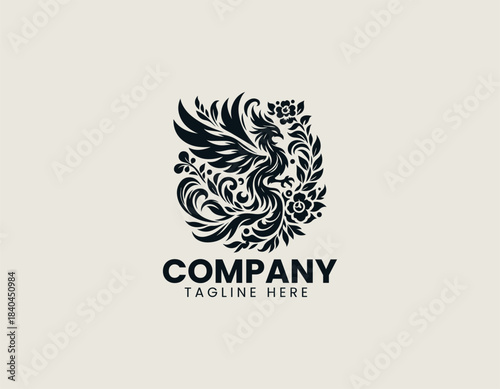 Floral Phoenix black vector logo illustration