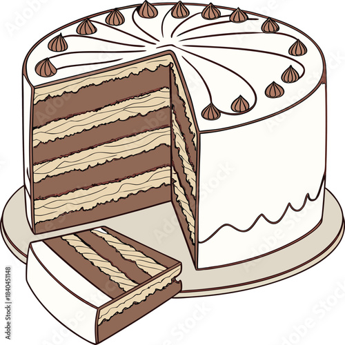 A delicious chocolate cake with white frosting and chocolate frosting layers