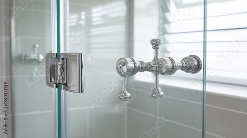 Installing shiny chrome glass shower door fixture with clean lines