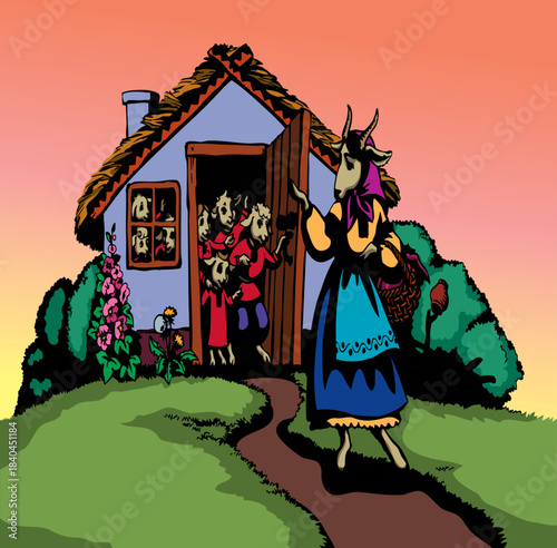 A goat and kids in a house. Vector illustration