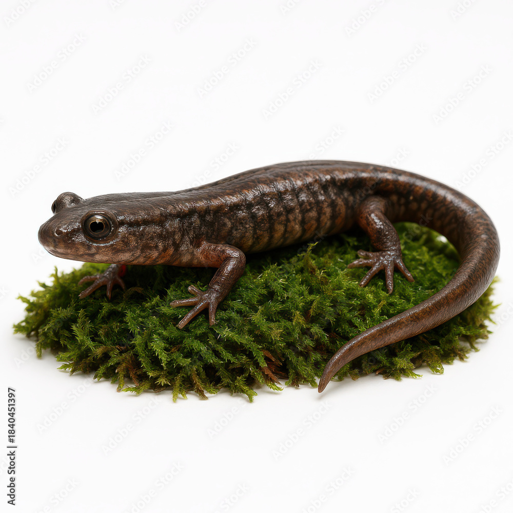 Naklejka premium Dusky salamander resting on green moss with detailed textured skin and shiny eyes, isolated on white background in close up view