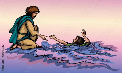 Vector drawing. Jesus helps man in a storm
