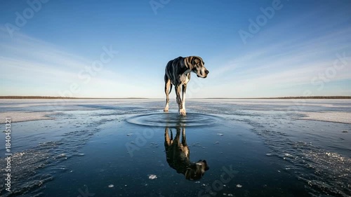 Single zebra standing on reflective wet surface at dawn