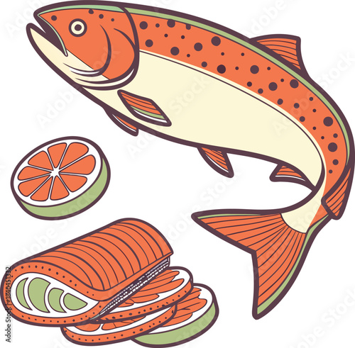 Colorful salmon fillet with slices and grapefruit