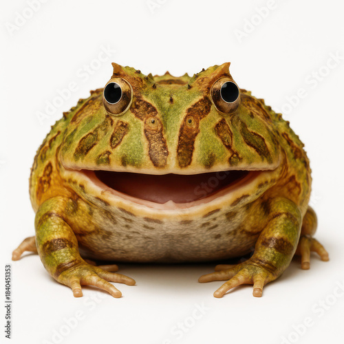 Pacman frog with green and brown textured skin sitting on white background, close up front view showing wide mouth and big eyes