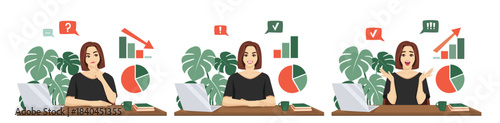 Beautiful young business woman working on laptop at desk in various poses and expressions. Office worker cartoon character set. Isolated vector illustration