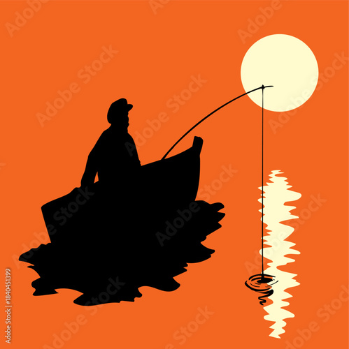 Vector drawing. Fisherman in the boat