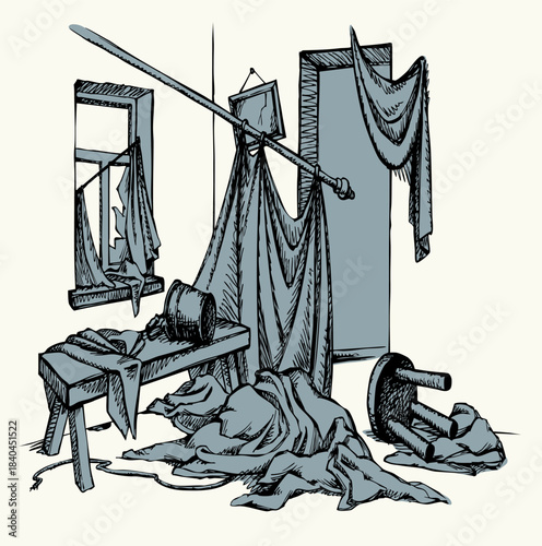 Vector drawing. Cluttered room view.