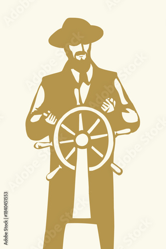 Vector drawing. The captain at the helm