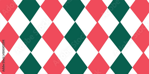Christmas rhombus seamless pattern. Red and green xmas plaid texture with gold line. Argyle geometric diamond pattern. Christmas abstract wrapping bg. Vector illustration isolated on white background.