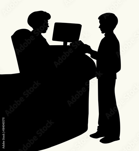 Vector drawing. Young boy and woman receptionist