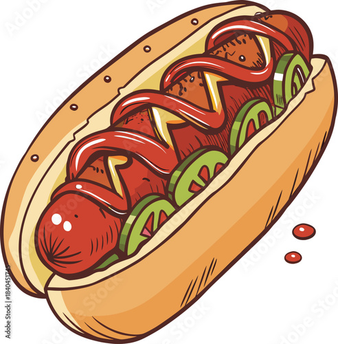 A hot dog with ketchup and sliced jalapeo on a bun