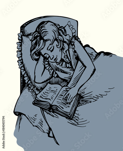 Vector drawing. Girl asleep in a bed