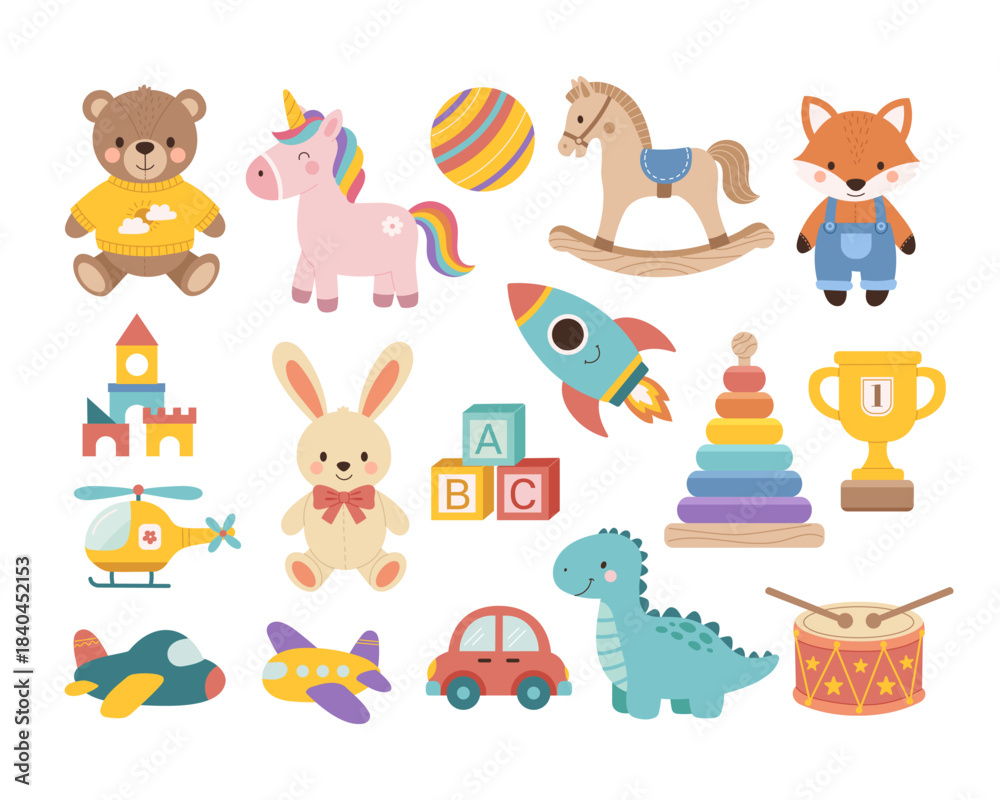 Fototapeta premium Set of kid's toys. Flat vector illustration isolated on a white background.