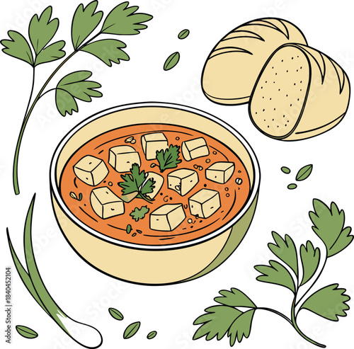 Delicious bowl of paneer butter masala with naan bread and herbs around