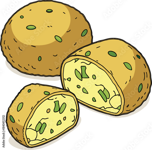 Cartoon illustration of cut open jalapeno cheddar cheese balls on white