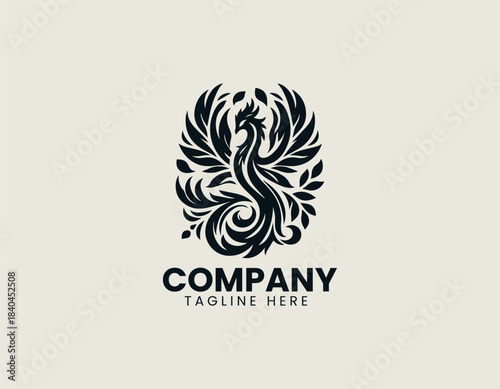Floral Phoenix black vector logo illustration