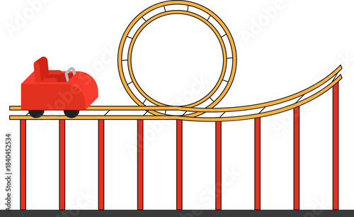 Photography Red roller coaster car navigates looping track, offering thrilling experience within vibrant amusement park setting