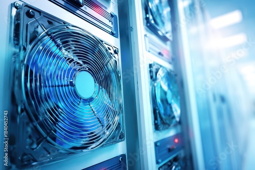 Close up of server rack with spinning cooling fans