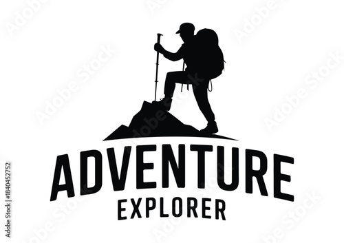 vintage adventure explorer logo design featuring mountains, compass, tents, binoculars, and hiking elements, perfect for outdoor branding, travel agencies, and adventure-themed projects.