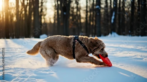 Vantage-led shot of dog retrieving a red toy in snowy forest