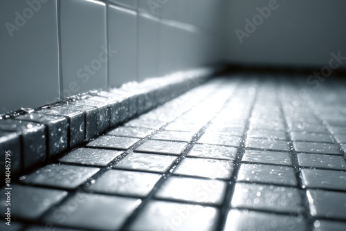 Close up view of wet shower tiles in modern bathroom