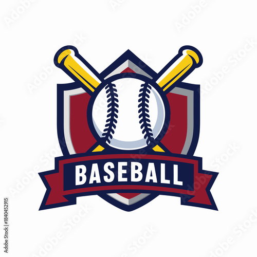 Baseball logo with crossed bats and ball on shield with text sport game