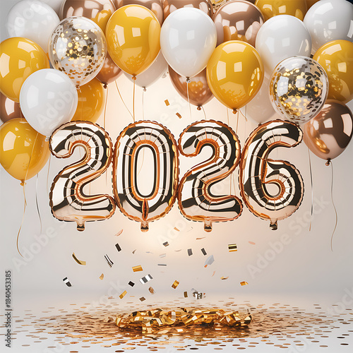 2026 New Year Celebration with Gold and White Balloons, Realistic gold and white balloons
