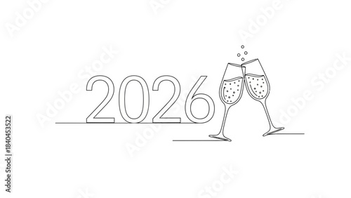 2026 New Year celebration with champagne glasses clinking minimalist line art for festive greetings 