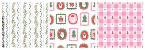 Whimsical Pastel Christmas seamless pattern set with holly berry stripes, Cameo frame Santa, snowman, and a pink plaid checkered tree pattern. Perfect for holiday gift wrap, fabric, card, winter craft