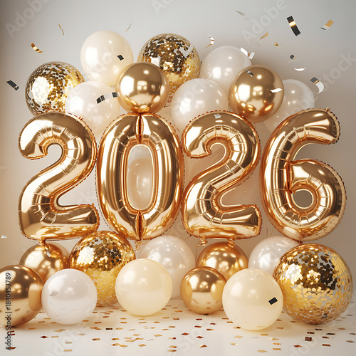 2026 New Year Celebration with Gold and White Balloons, Realistic gold and white balloons