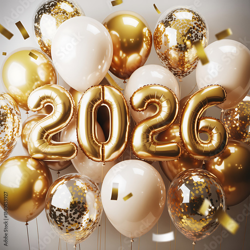 2026 New Year Celebration with Gold and White Balloons, Realistic gold and white balloons