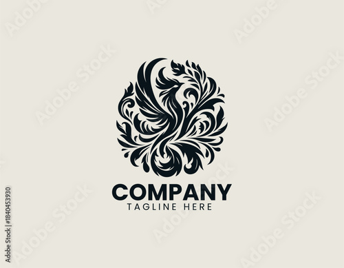 Floral Phoenix black vector logo illustration