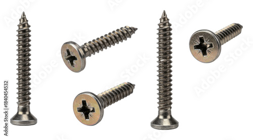 Five stainless steel phillips flat-head countersunk screws on a transparent background, close-up product photo suitable for hardware, DIY, carpentry and construction use