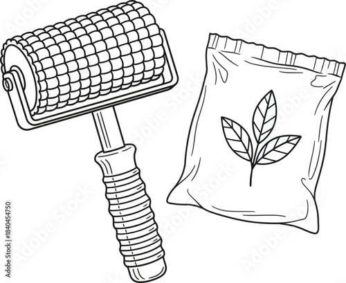 Gardening tool roller and seed packet illustration