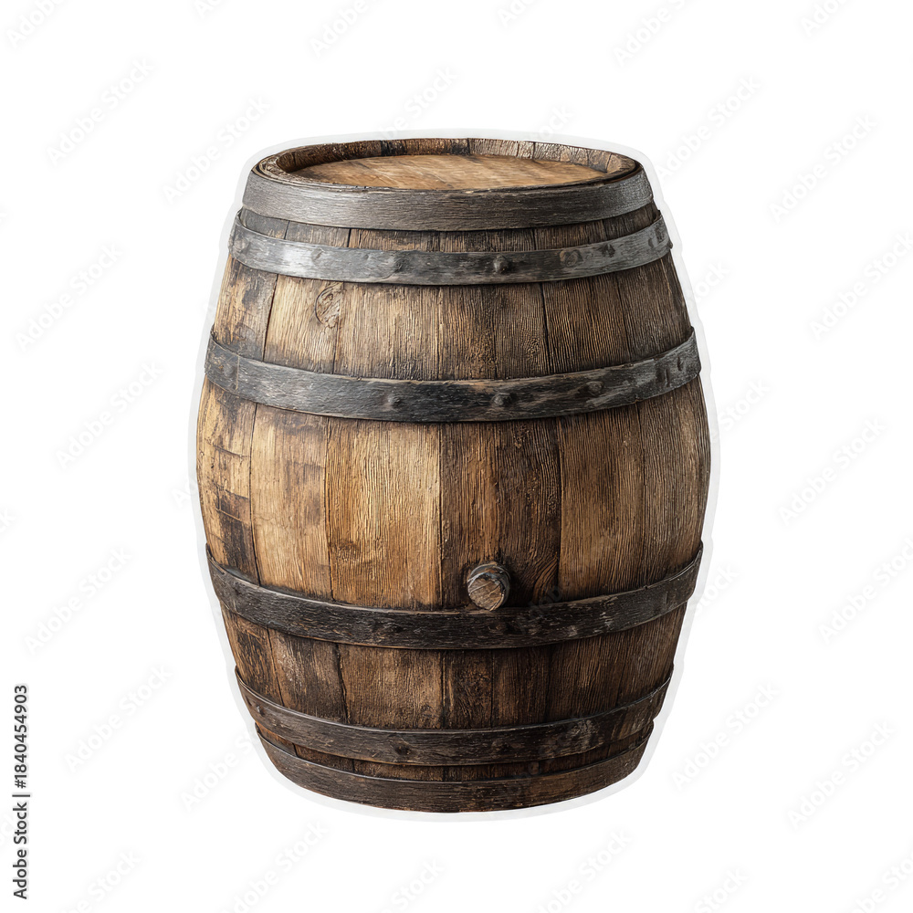 Fototapeta premium Old wooden barrel with metal bands on a black background