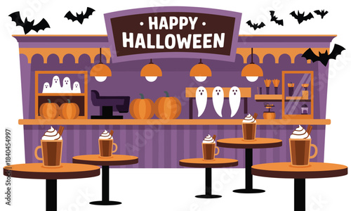 Festive Halloween coffee shop showcasing pumpkin spice latte drinks, spooky cupcakes, flying bat décor, inviting fall mood, and vibrant holiday-themed bakery presentation