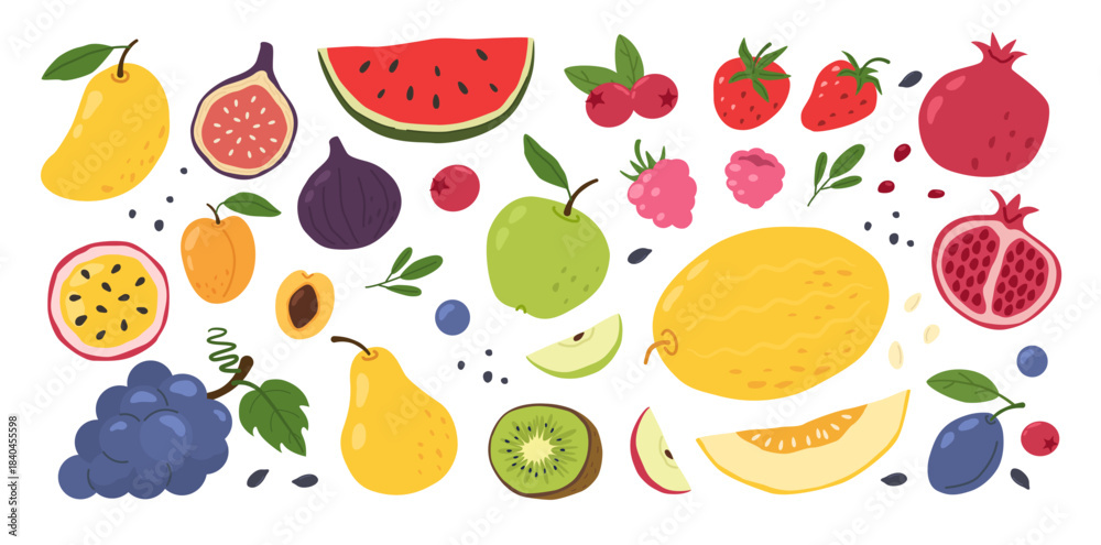 Naklejka premium Fresh fruit and berry set. Healthy dessert exotic diet. Juicy mango and watermelon and strawberry. Organic tropical grapes and pomegranate for summer cute doodle design. Vector cartoon isolated set